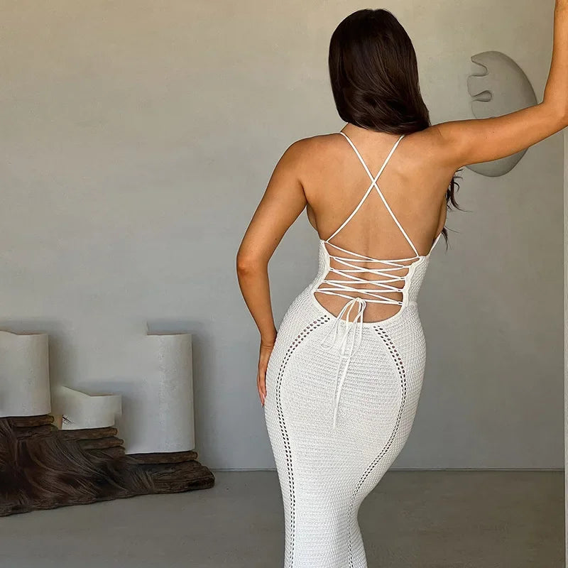 NEW Arrivals Black/White/Khaki Color Spring Summer New Women's Clothing Sexy Elegant Tank Long Dress Hollow Out System Backless Knit Dress Fashionable Open-Back Design Evening Beach Party Night Clubwear