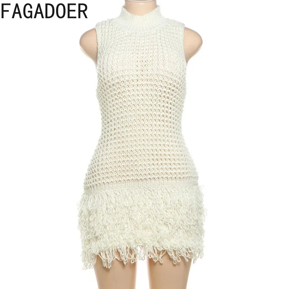 NEW Arrivals UK Size Black/White Color Italian Fashion Tassels Hollow Out Splicing Mini Dresses Women Round Neck Sleeveless Slim Elegant Lady Clothing