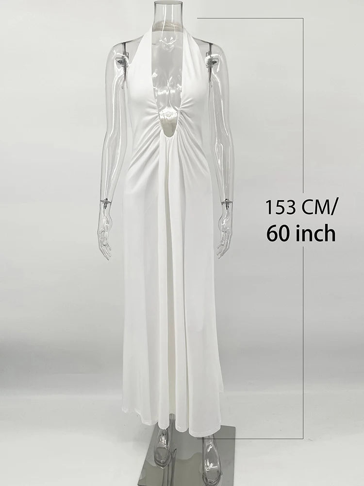 NEW Arrivals UK Size White/Black/Brown Deep V Neck Halter Long Dress Female Elegant Ruched Ribbon Splice Summer Evening Beach Party Night Club Outfit Ladies Sexy Slim Sleeveless Maxi Dress