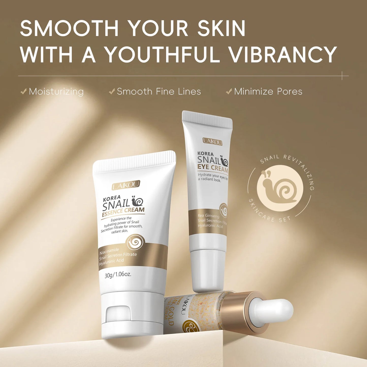 NEW 3PCS Set Korean Snail Luxury 24K Gold Infused Snail Repair Serum Eye Cream Essence Set Moisturizing Smoothing Fine Lines Minimizing Pores Women Beauty Supplies Korean Cosmetic Products