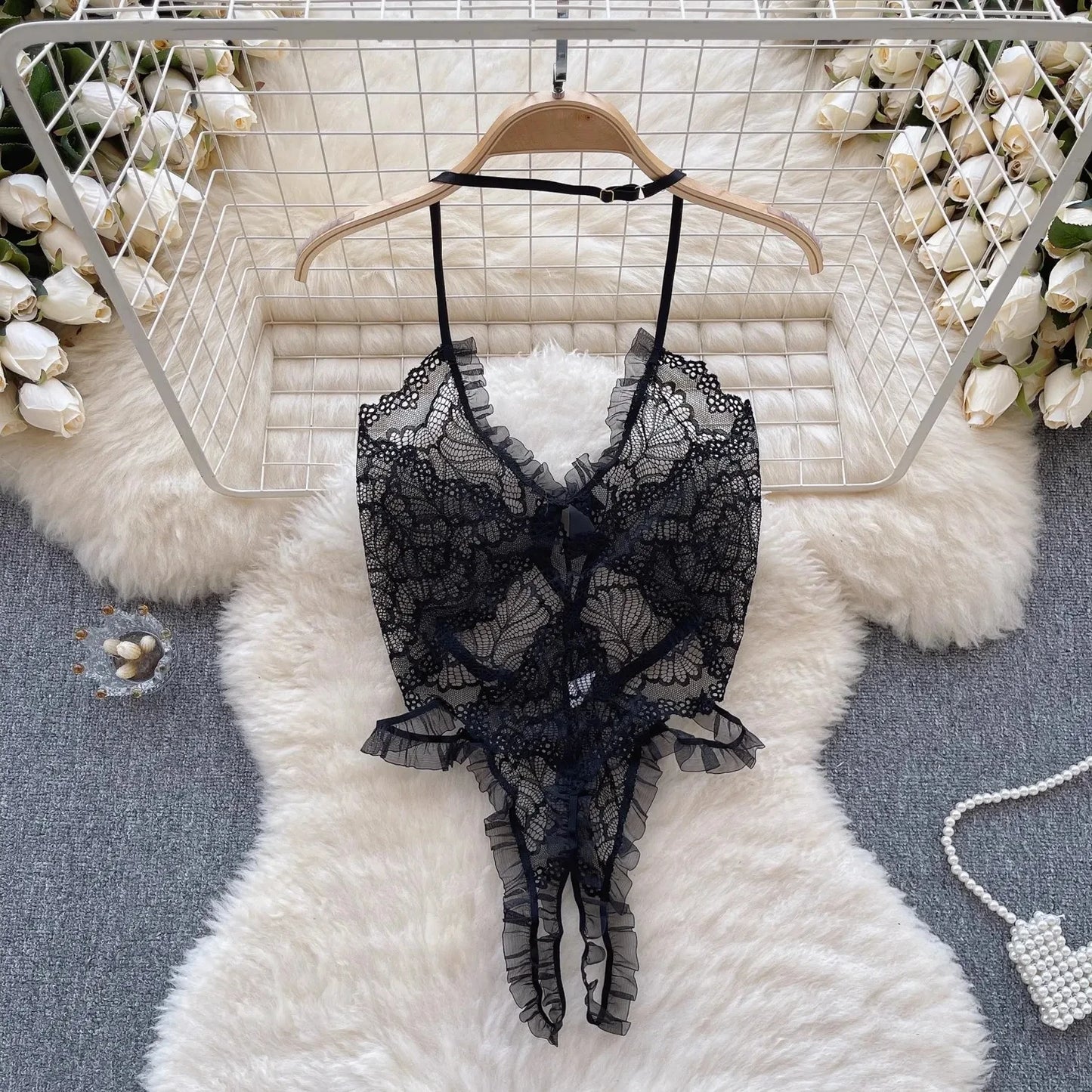 NEW Arrivals White/Black See-Through Lace Playsuit Halter Ruffle Hollow Bodysuit For Women Cloth Skinny Sexy Erotic Lingerie One Piece Backless Jumpsuit