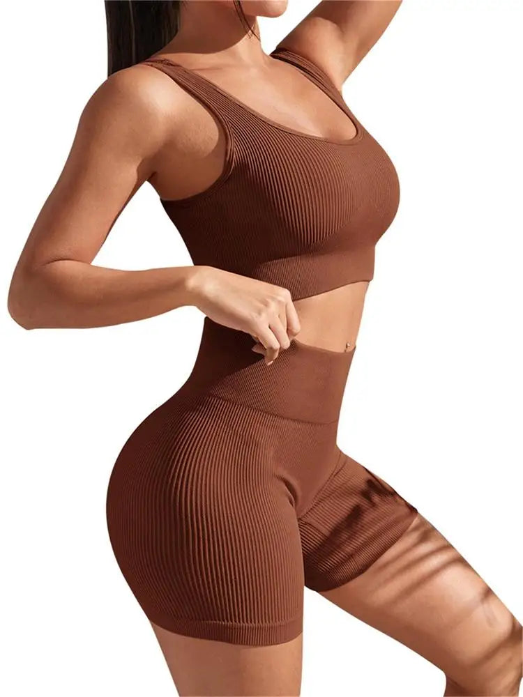 NEW Arrivals 2PCS Set 8 Colors Seamless Ribbed Yoga Sets Workout Sets for Women Gym Suits Ribbed Crop Tank High Waist Shorts Outfits Fitness Running Yoga Suit