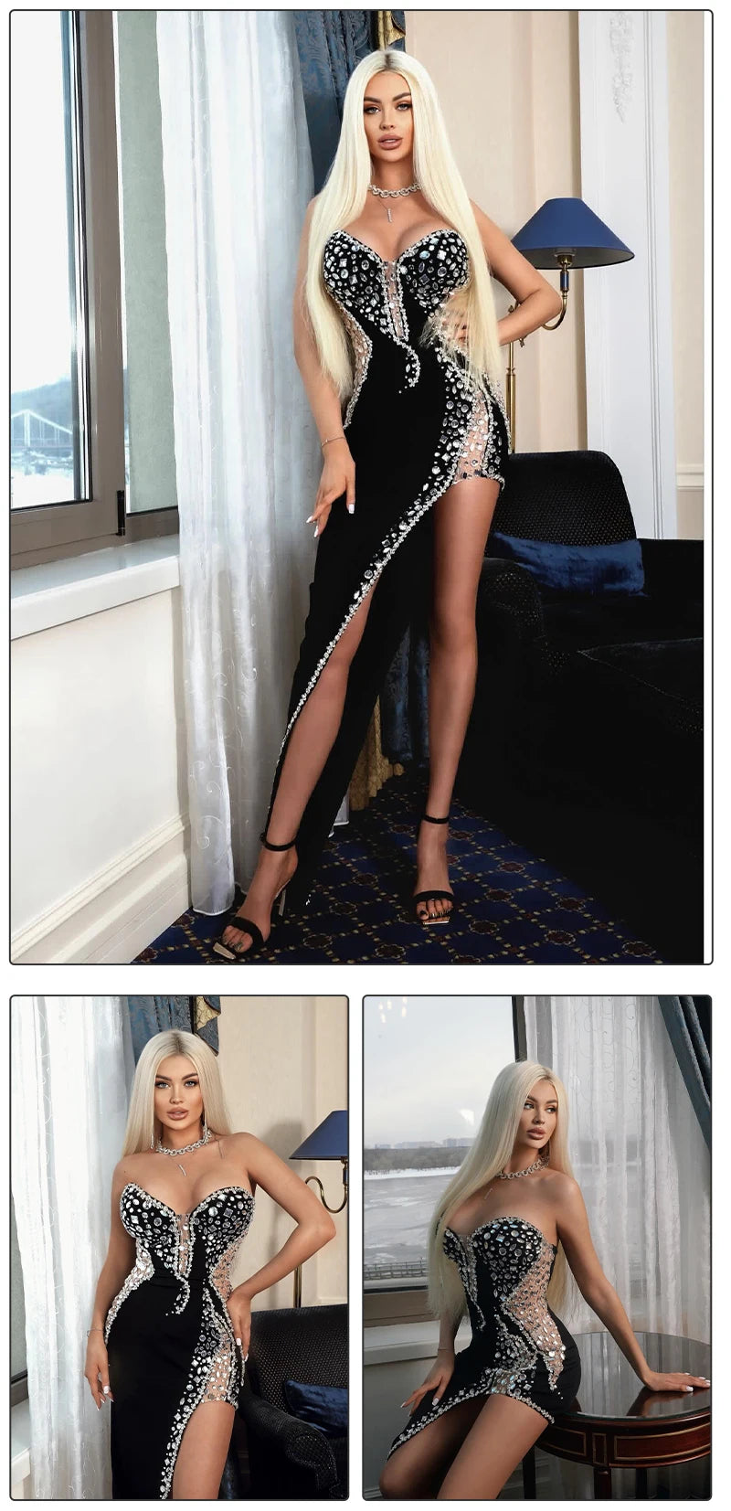 NEW Celebrity Red Carpet Party Dress Woman Black Strapless Dress Luxury Crystals Embellished Mesh Splicing Design Bodycon Bandage Long Evening Party Wedding Birthday Guest Luxury Dress