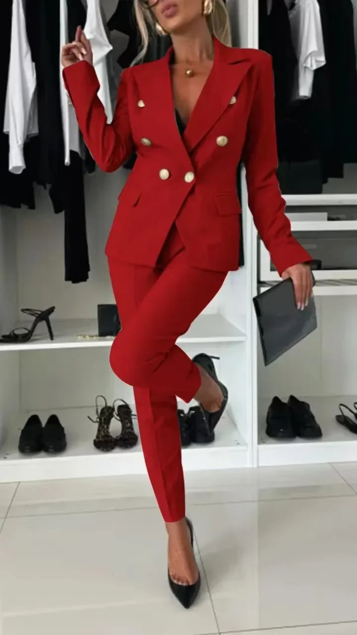 NEW Arrivals 2PCS Set UK S-2XL Size 8 Colors Women Office Smart Clothes Suit Blazer Double Breasted Button Solid Color Jacket & High Waist Slim Pencil Pants Ladies Luxury Fashion Clothing Supplies
