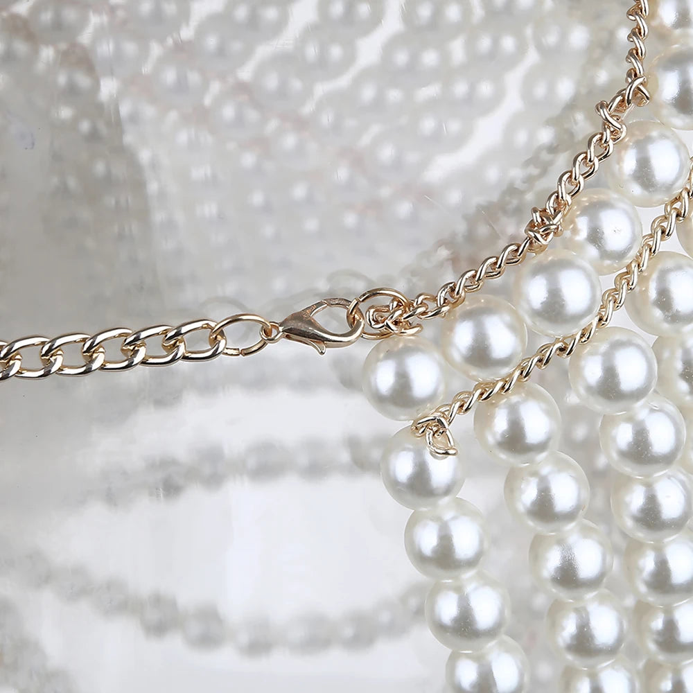 Women's Pearl Body Chains Bra Fashion Adjustable Size Shoulder Necklaces Sexy Tops Chain Wedding Dress Pearls Shawl Body Jewelry