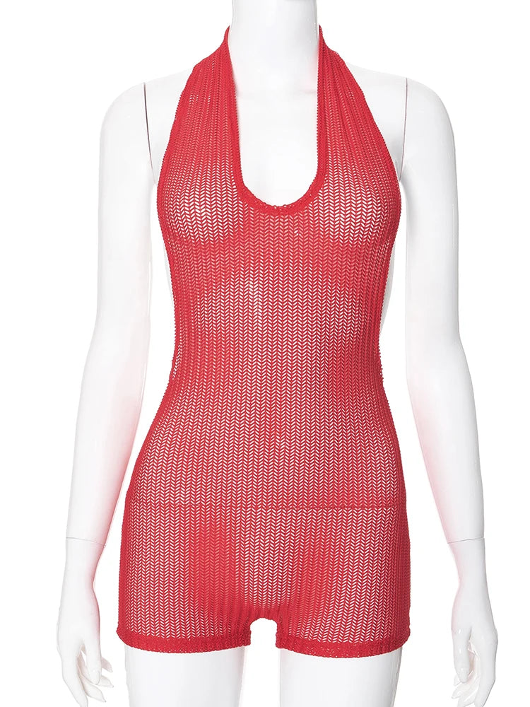 NEW Arrivals Sexy Hot Red Backless Halter Rompers Women Thin Sexy Sleeveless Backless Stretch See Through Playsuits Midnight Clubwear Overalls Girls Sexy Fashion Clothing Supplies