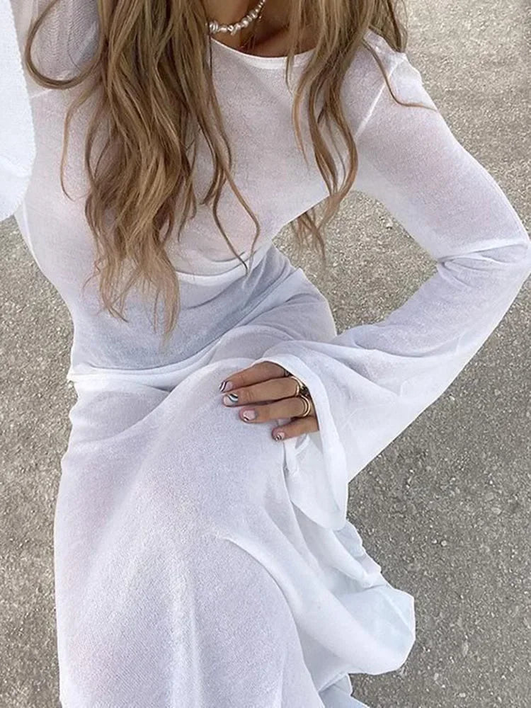NEW Arrivals Sexy Transparent Black/White Backless See-through Long Dress Women's Summer Slim High Waist Spliced Long Sleeve Solid Color Evening Nightclub Beach Party Ladies Long Dress