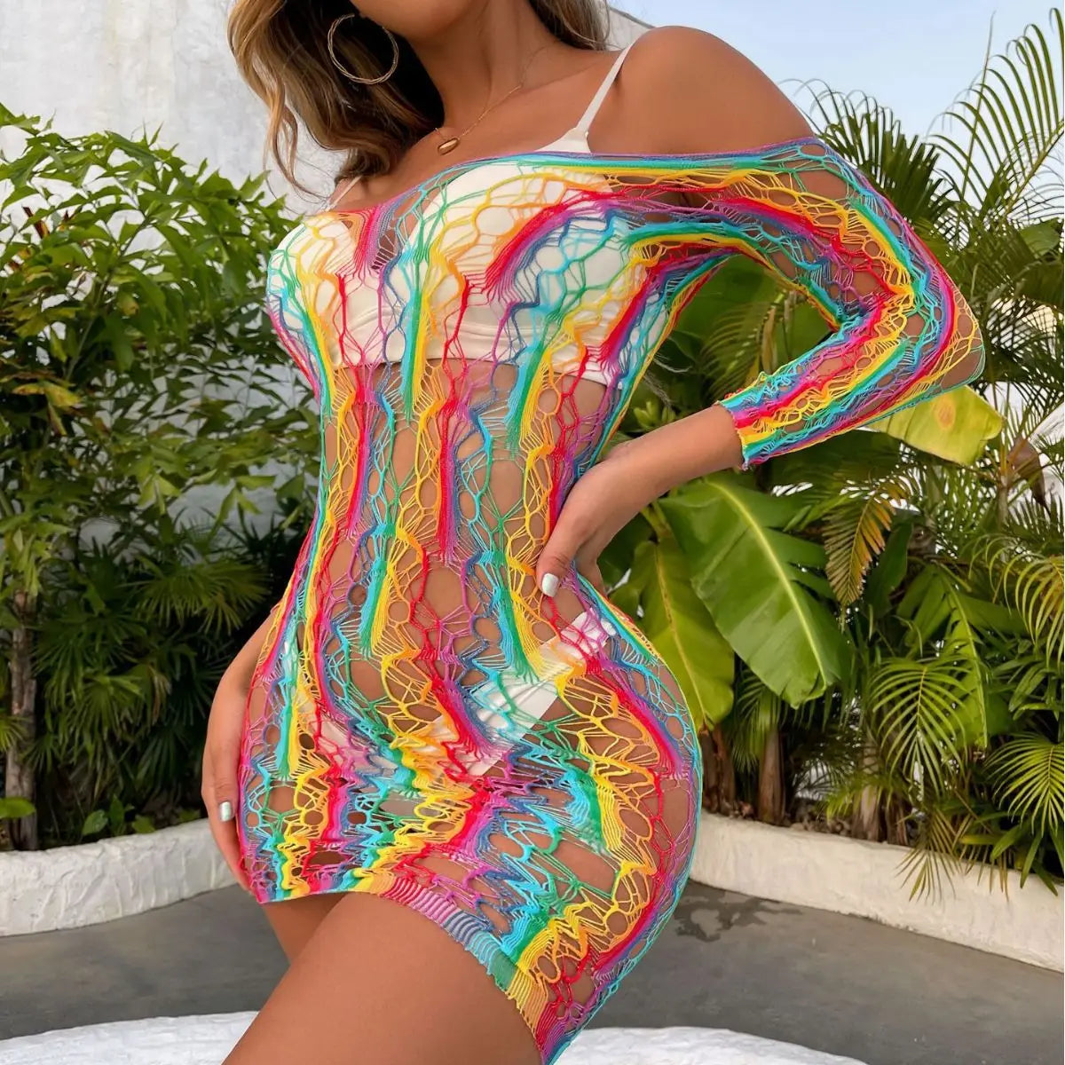 European and American Fun Underwear Rainbow Colorful Wrapped Hip Skirt Sleeves 3-piece Set of Fun Network Clothes