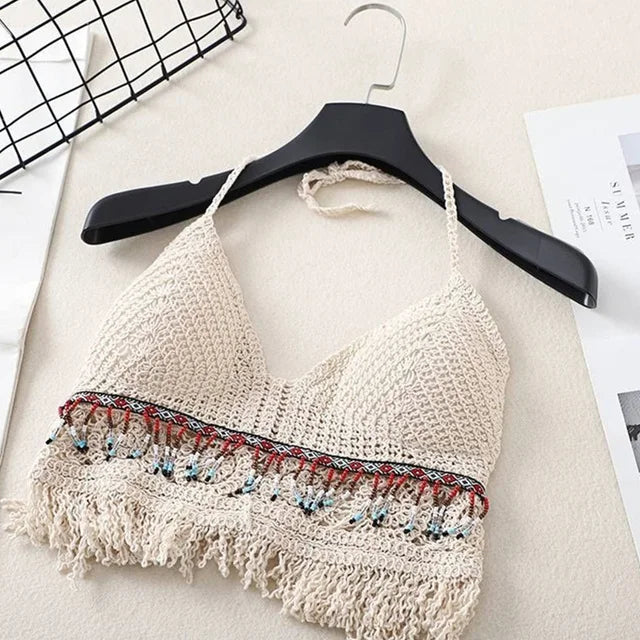 Handmade Sexy Beach Holiday Camisole Halter Women Crochet Knit Swimsuit Bra Backless Vest Hollow Tassel Tank Top Women's Female Crop Tops Girls Ladies Summer Luxury Fashion Clothing Products