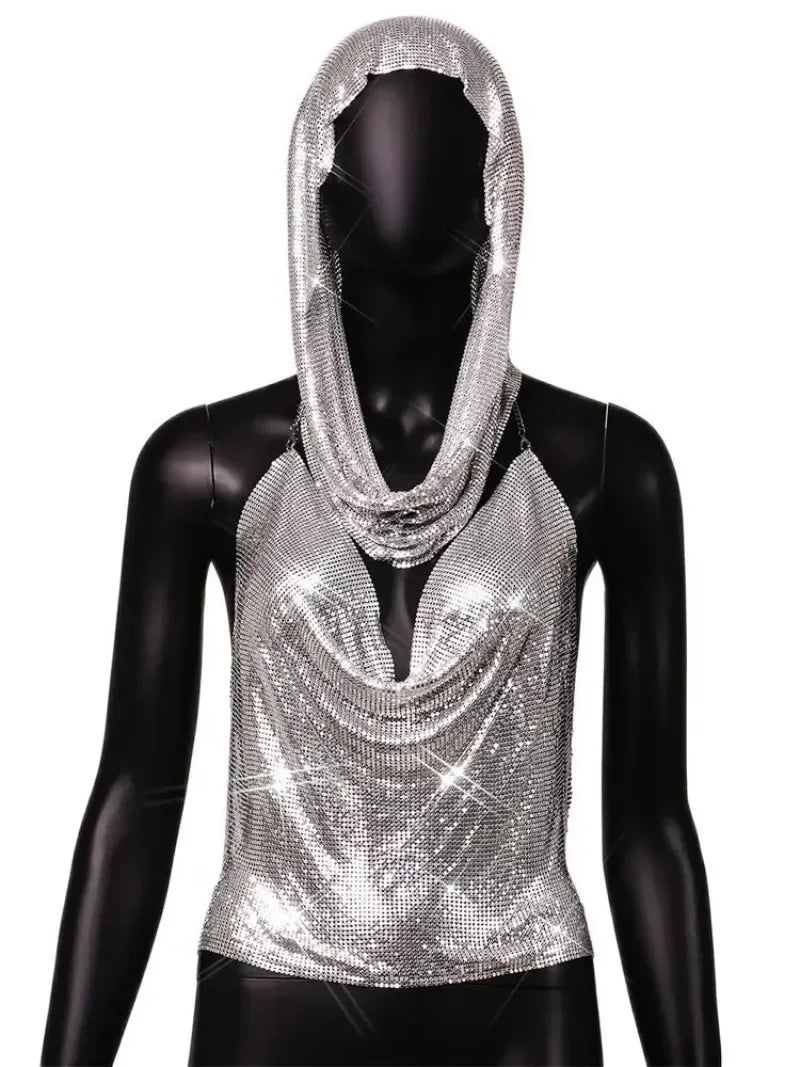 Fashion Metal Sequined Y2k Women Crop Top Tank Tops with Headscarf Metallic Sequins Sexy Backless Hollow Out Halter Corset top