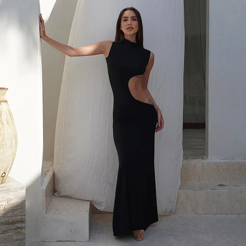 NEW Arrivals Black Cryptographic Sexy Cut Out Maxi Dress Outfits for Women Elegant Club Party Bodycon Sleeveless Tank Dresses Summer Beach Bar Party Night Clubwear