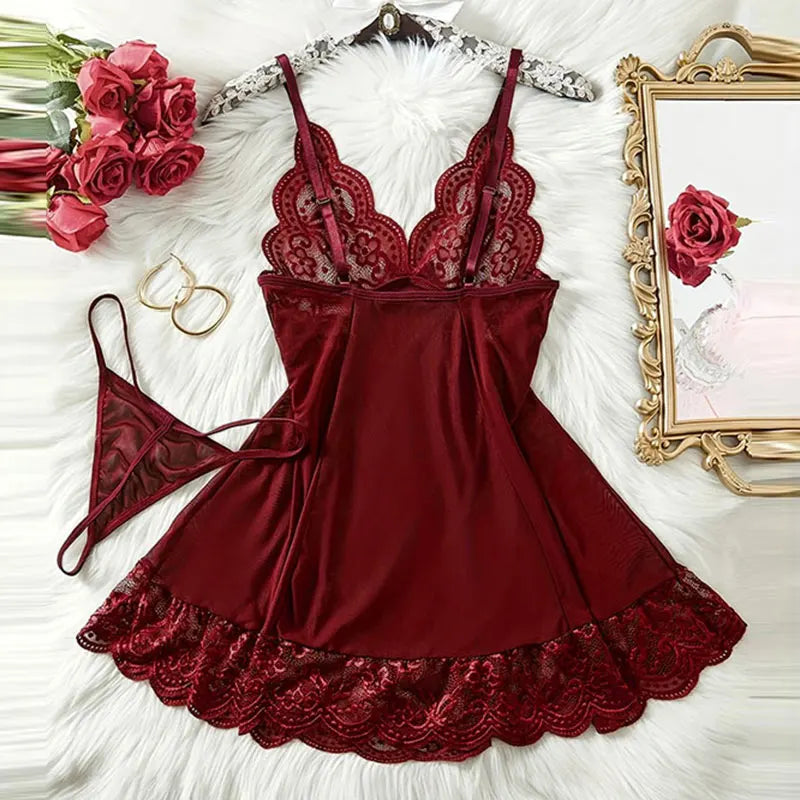 NEW Arrivals 2PCS Set S-2XL G-String Nightgown Set For Sexy Woman Summer Night Dress Ultra-Thin See-Through Pajamas Sets Lace Sleepwear Suspender Lingerie Ladies Sexy Nightdress Suit