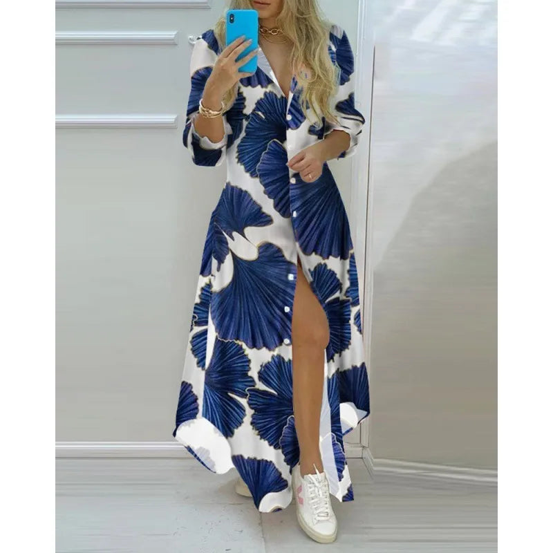 Plus Size Italian Women Printed Long Shirts Dress Summer Turn-down Collar Long Sleeve Party Dress Female Casual Evening Maxi Dresses