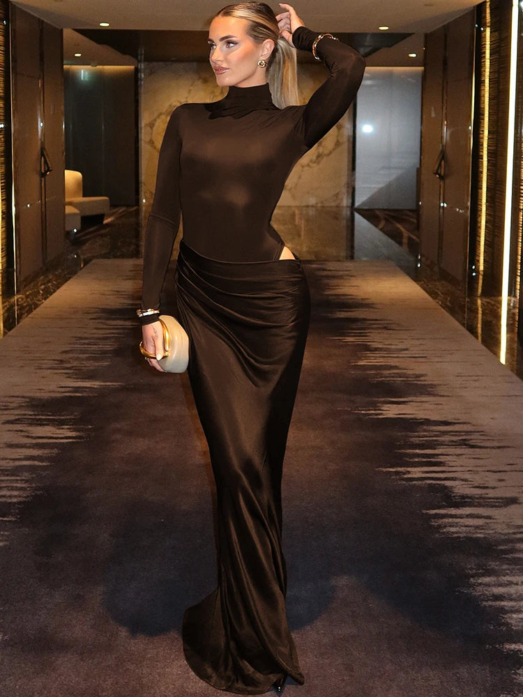 NEW Turtleneck Satin Sexy Hollow Out Zipper Women Maxi Dress Black Patchwork Long Sleeve Slim Elegant Party Evening Dress