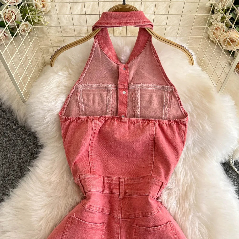 New Vintage Turn-Down Collar Sleeveless Bodysuit High Waist Elegant Jumpsuit Safari Style Denim Straight Ropa Mujer