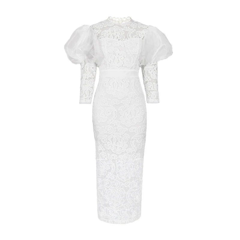 NEW Arrivals UK S-3XL Size African Women Dress Long Dresses Lace Floral Slim Fit Party Puff Sleeve Round Neck Sheath Sexy Gown Tight Waist Elegant Splice Formal Gown