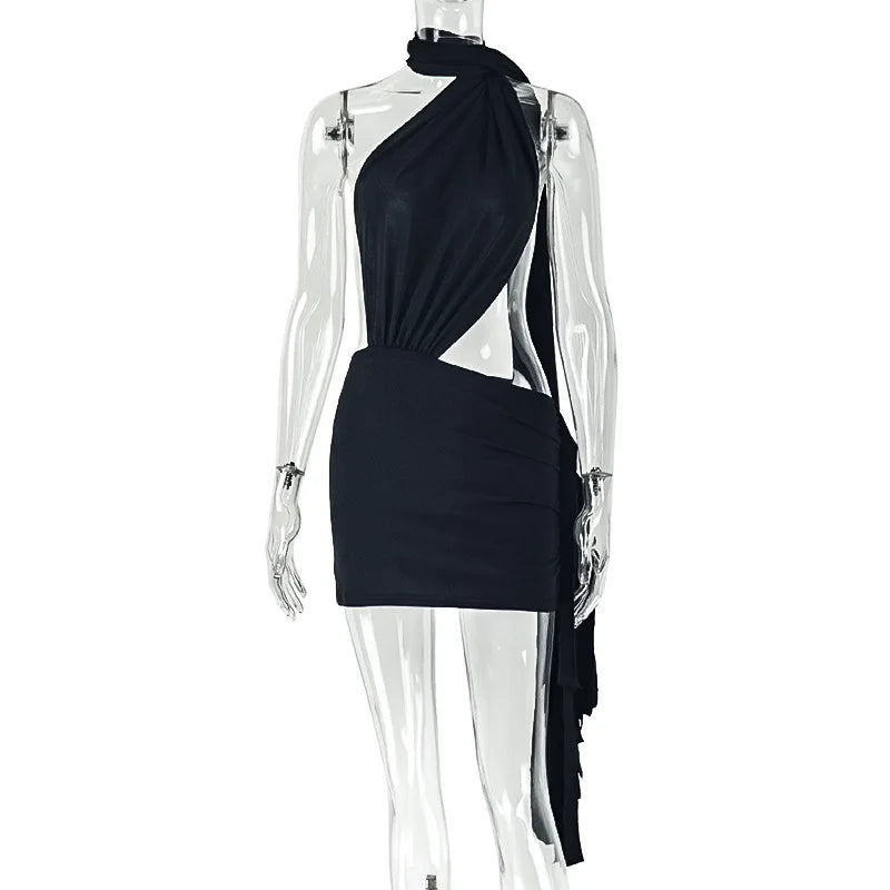 Black/White/Red Color Women Solid Patchwork Backless Ruched Sexy Bodycon Mini Dress Ribbons Halter Scarf Slim Night Clubwear Party Dresses Y2K Streetwear