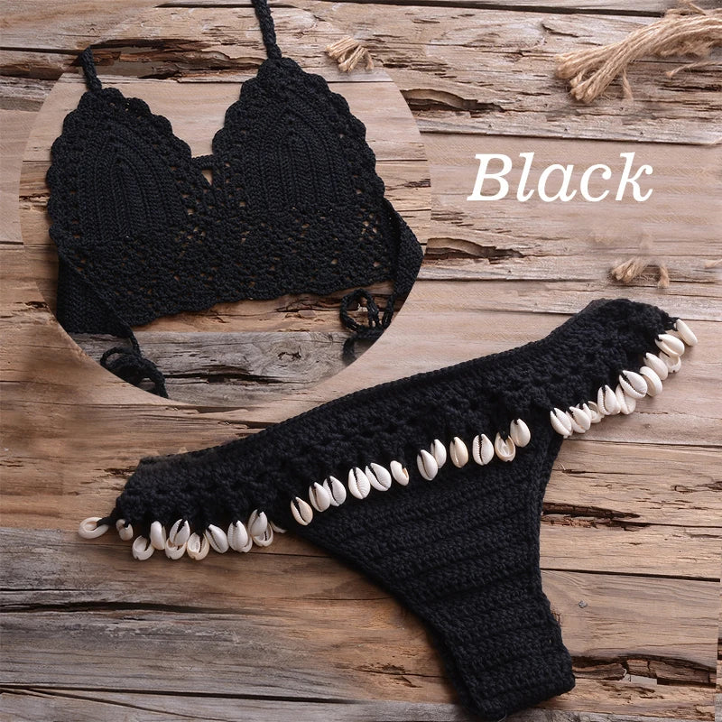 NEW Arrivals 10 Colors Handmade Sexy Women Large Size Swimwear Knitted Halter Bikini Top Bra Sexy Beach Swimsuit Hollow Bathing Suit Bikini Set Push Up Swim Thongs