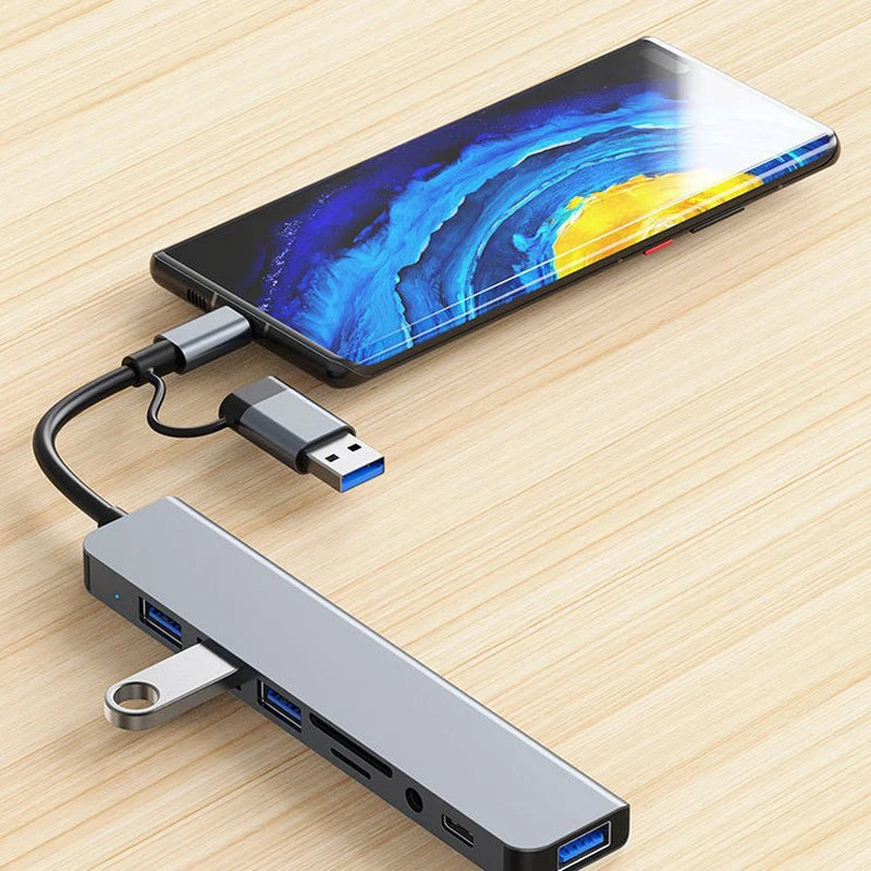 NEW Arrivals 8 in 2 USB +Type C HUB Docking Station with 3.5mm Audio Jack Adapter Micro SD Card Reader Laptop Tablet Phone Disk Converter Computer Accessories Electronic Supplies