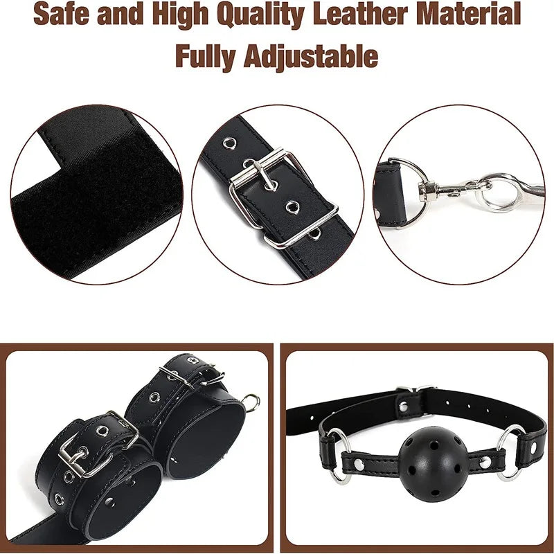Sex Bondage Collar with Anal Hook Ball Gag BDSM Neck to Wrist Soft Bondage Restraints Kit Anal Ball Fetish Couples Sex Game Tool