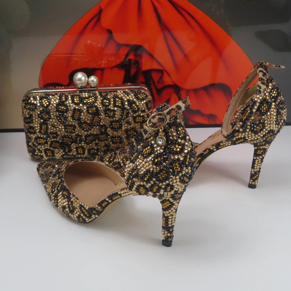 NEW Arrivals Luxury Fashion Pointed Toe Leopard Bridal Shoes Set with Bags Evening Wedding Party Night Business Dinner Summer Sandals Woman Ankle Strap Buckle Shoes Bag Thin High Heels Ladies Luxury Fashion Clothing Supplie