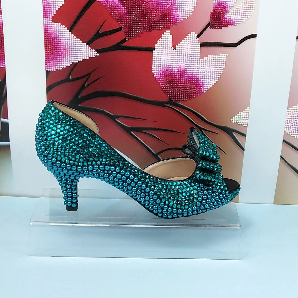 New Arrival Teal Luxury Blue Crystal Women Wedding Shoes Set with Matching Bags Peep Toe High Heels Pumps Open Toe Shoes and Purse Evening Party Night Business Dinner Apparel Accessories Ladies Luxury Fashion Clothing Suppl