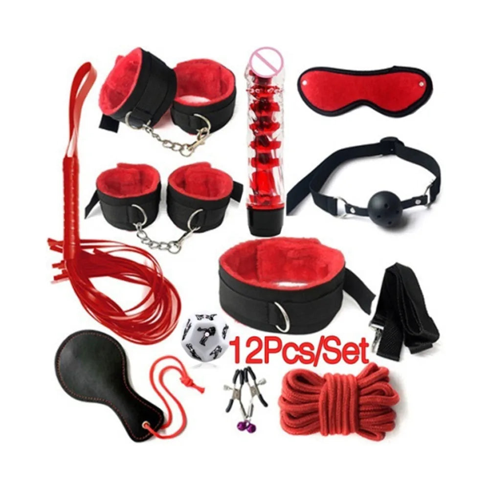 SexLove Set Kits Adults Sex Toys for Women Men Handcuffs Nipple Clamps Whip Spanking Sex Metal Anal Plug Vibrator Butt