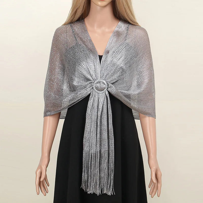 Sparkling Metallic Scarf with Buckle Female Evening Party Shawl Elegant Gold Silver Shiny Shawls for Bridal Wedding Wraps
