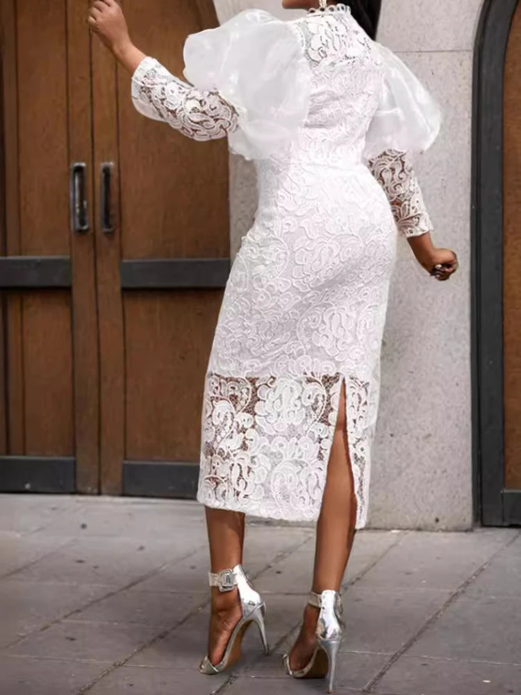 NEW Arrivals UK S-3XL Size African Women Dress Long Dresses Lace Floral Slim Fit Party Puff Sleeve Round Neck Sheath Sexy Gown Tight Waist Elegant Splice Formal Gown