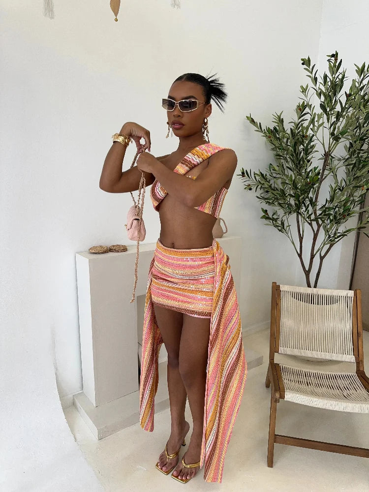 NEW 2PCS Set Sexy Beach Colorful Skirt Women Set Knit Sequin One Shoulder Crop Top Draped Mini Skirts Slim Bodycon Lady Outfits