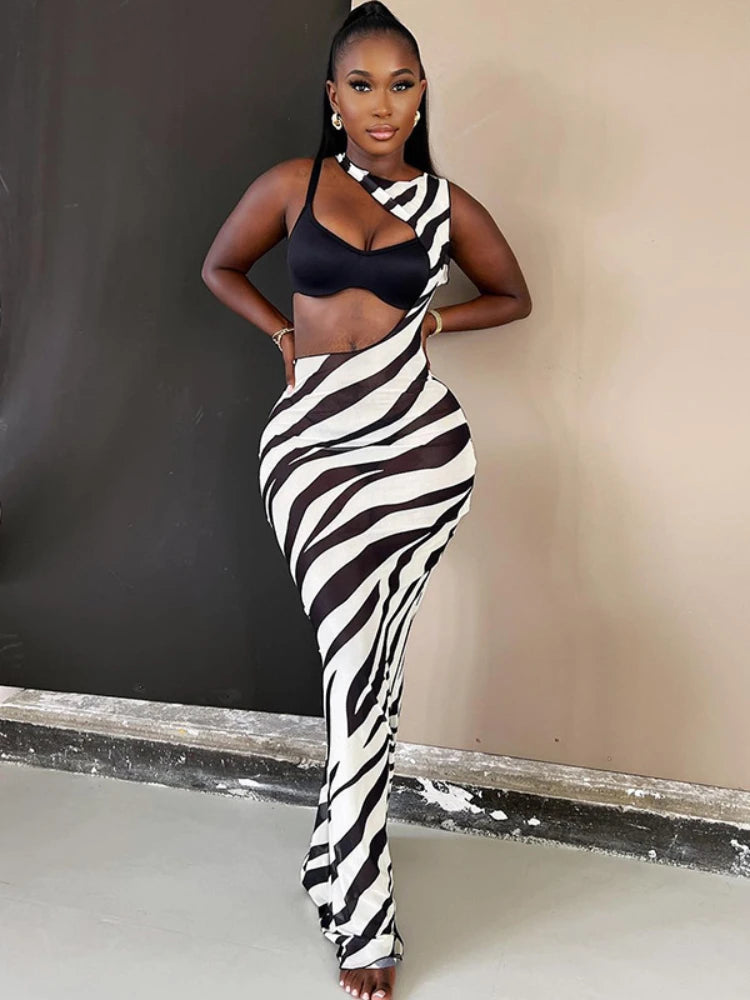 Bodycon Long Dresses For Women Beach Style Backless Vestidos De Mujer Hollow Out Sexy Robe Femme Été Y2k Clothes Zebra Print