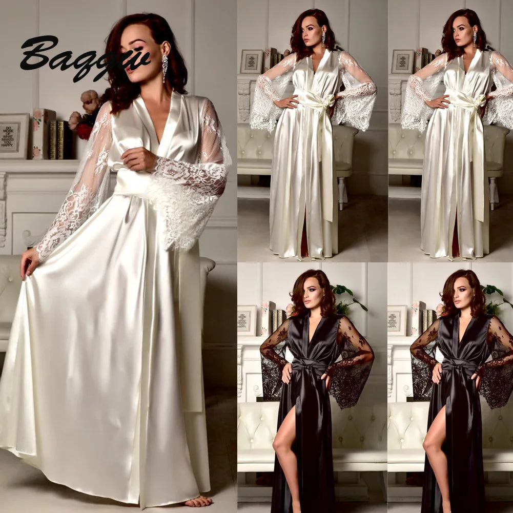Home Robe for Women Lace Patchwork Long Bathrobes Female Nightgown Silk Plus Size Gown Bathrobe Sleepwear Ladies Lingerie Sexy