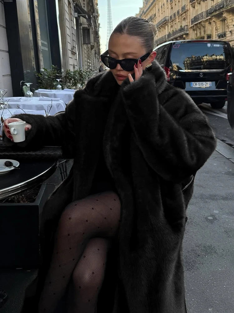 NEW Arrivals S(8)-XL(16-18) UK Size Winter Loose Luxury Mink Velvet Imitation Fur Splicing Long Coat Fur Suit Collar Women's Coat High Street Fashion Lady Overcoat