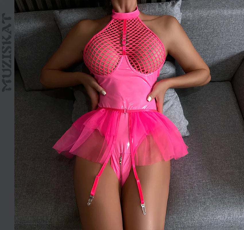 MUZISKAT Leather Underwear Women Set Sexy Erotic Bodysuit Lingerie See Through Mesh Exotic Sexy Bra Set Sexydresses for Women