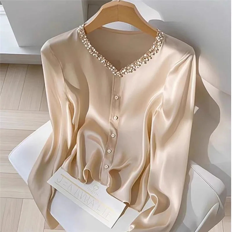 NEW Arrivals M-2XL UK Size Luxury French Acetate Blouse Spring Autumn V-Neck Sequined Shirt for Women Long Sleeve Champagne Female Top Light Luxury 513P