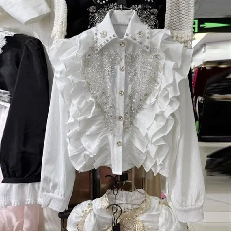 NEW Arrivals Luxury Heavy Beading Sequin Wing High Quality Shirt for Women New Lapel Neck Black Tops Y2K Long Sleeve Ruffles Blouses Ladies Girls Luxury Fashion Apparel Accessories Clothing Supplies