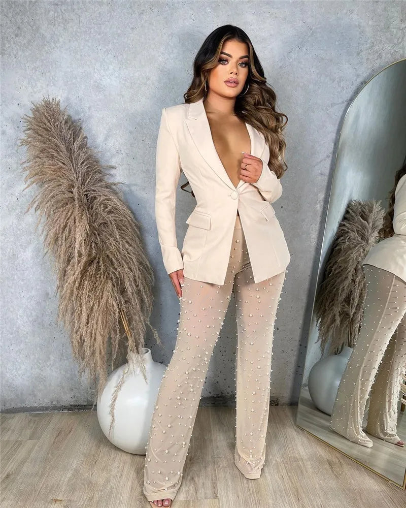 NEW arrivals 2PCS Set S-2XL 3 Colors Women Sexy Outfits Clubwear Single Button Blazer Coats Pearls Mesh Sheer Pant Suits Y2K Clothes Matching Sets Girls Sexy Fashion Clothing Supplies