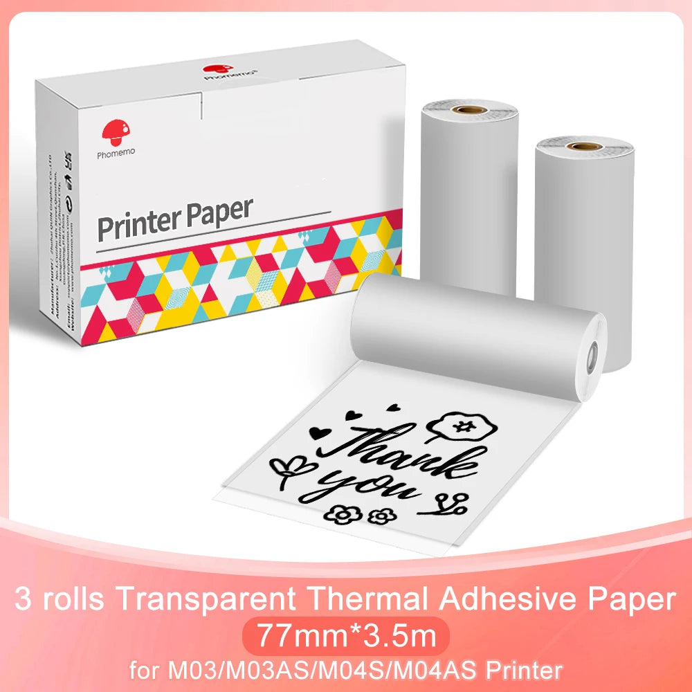 NEW Arrivals 3 Rolls Set Original PHOMEMO Adhesive Transparent Thermal Paper Clear Adhesive Thermal Sticker Paper for M04S/M04AS Bluetooth Printer 110mmx3.5m