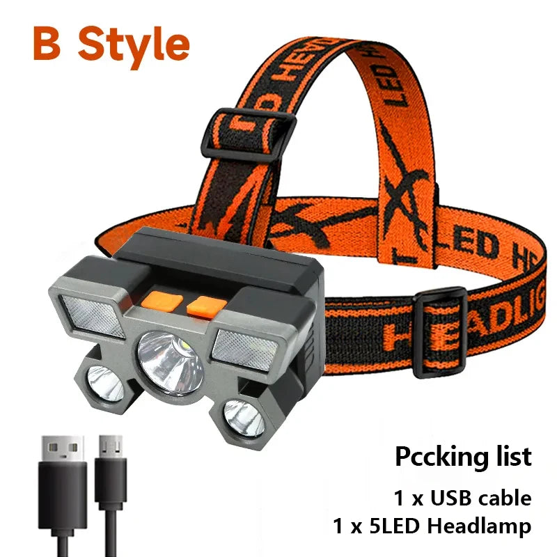 NEW Arrivals 5 LED Flashlight Rechargeable with Built in Battery Strong Light Home Outdoor Camping Adventure Fishing Head Light Headlamp
