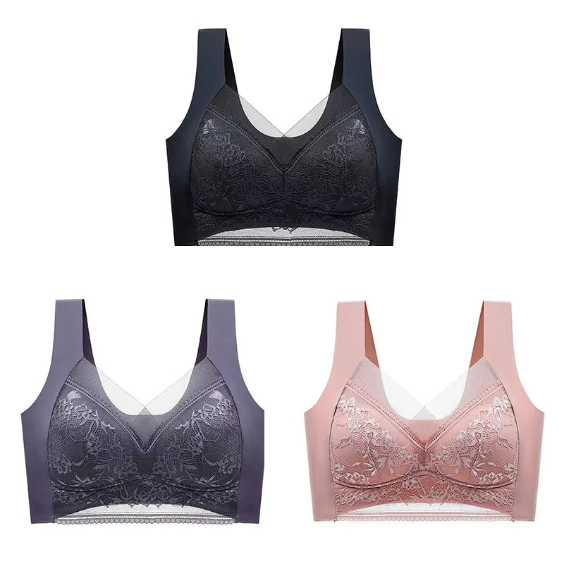 NEW Arrivals 3PCS Set L-(45-50KG) 5XL(100KG) Women Lace Bra Bralette Push Up Perspective Ice Silk Deep V Bra Sexy Lingerie Tops Plus Size Cup Mom's Underwear Chubby Ladies Underwear