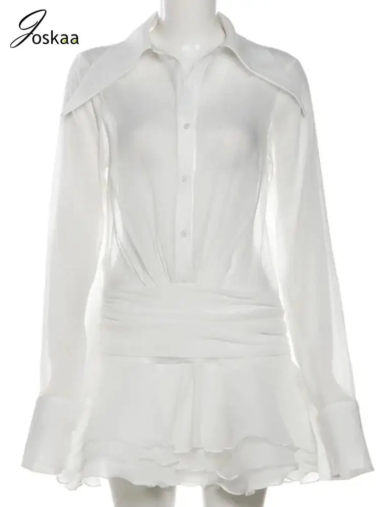 NEW Arrivals UK Size Sexy Mesh See Through Mini White Dress Women Hipster Lapel Single Breasted Full Sleeve Tiered Dresses Spring Evening Party Summer Beach Night Clubwear Dress