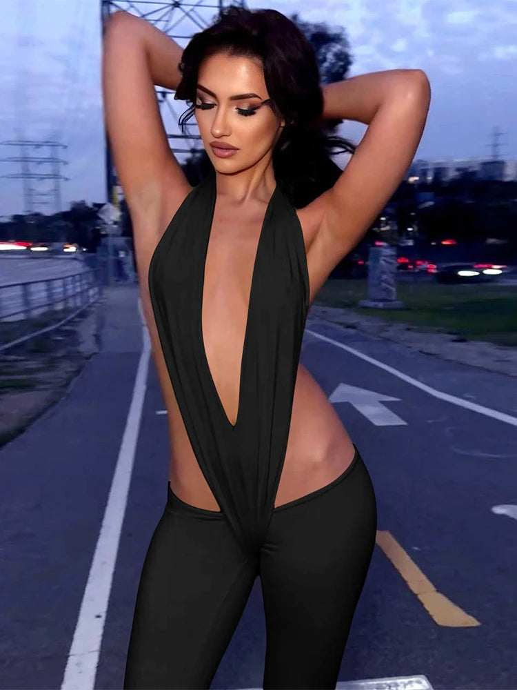 NEW Arrivals Pink/Yellow/Black Color UK Size Sexy Hot Irregular Hollow Sexy Jumpsuits Women Bandage Halter Deep V-Neck Backless Skinny Stretch Hot Girls Hipster Streetwear