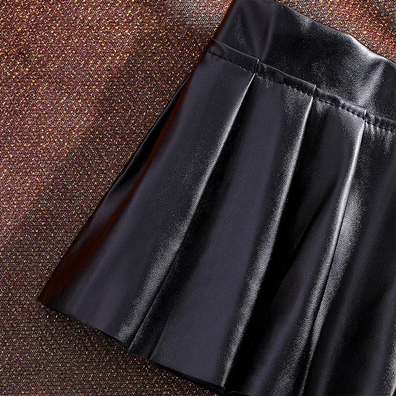 NEW Women's Black Shiny PU Leather Sexy Mini Skirt Gothic Style Cosplay Costume Sexy Low Waist Pleated Skirt for Fashionable Outfits