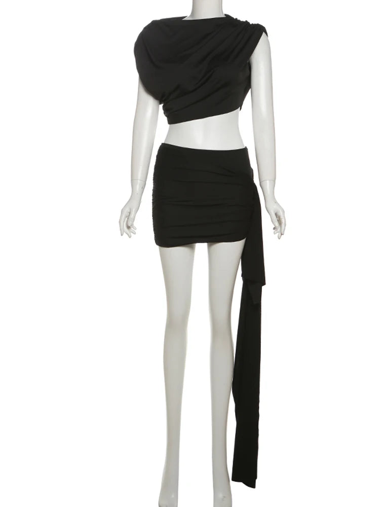 NEW Arrivals 2PCS Set Black/Gray Color Irregular Ruched Suit Women Summer Tank Tops + Side Ribbon Skirts Stretch Matching Casual Simple Street Outfits Evening Beach Bar Party Night Clubwear