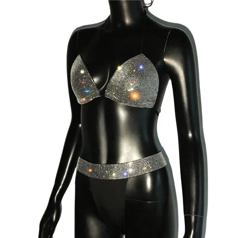 Sparkly Rhinestone Crystal Bikini Set Women Sexy Diamond Sequins Bra Thong Swimwear Summer Beach Swimsuit Bathing Suit