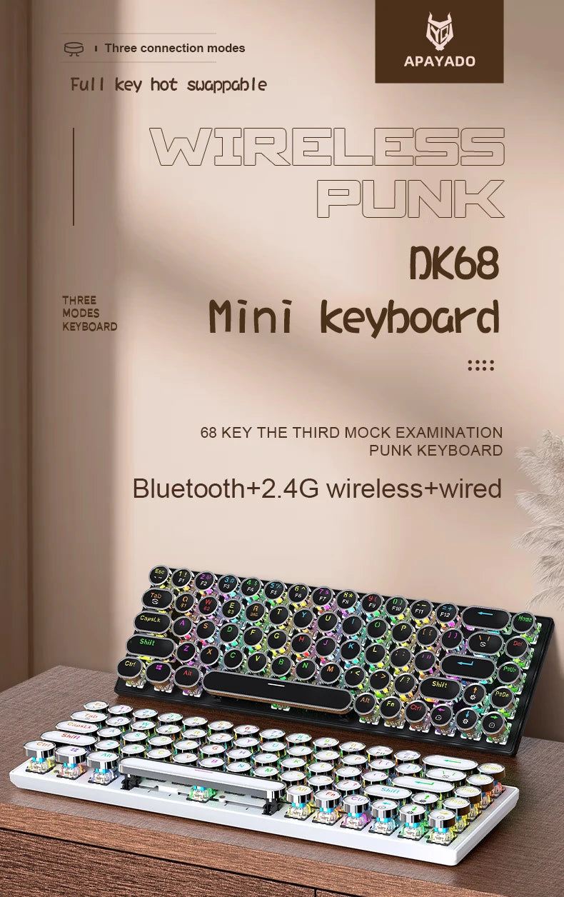 DK68 Punk Mechanical Magic Keyboard Wireless APAYADO Dynamic RGB Lighting,68Keys Bluetooth Tri-Mode Connection,Full-key Hot-Swap Computer Laptop Accessories Supplies Electronics Products