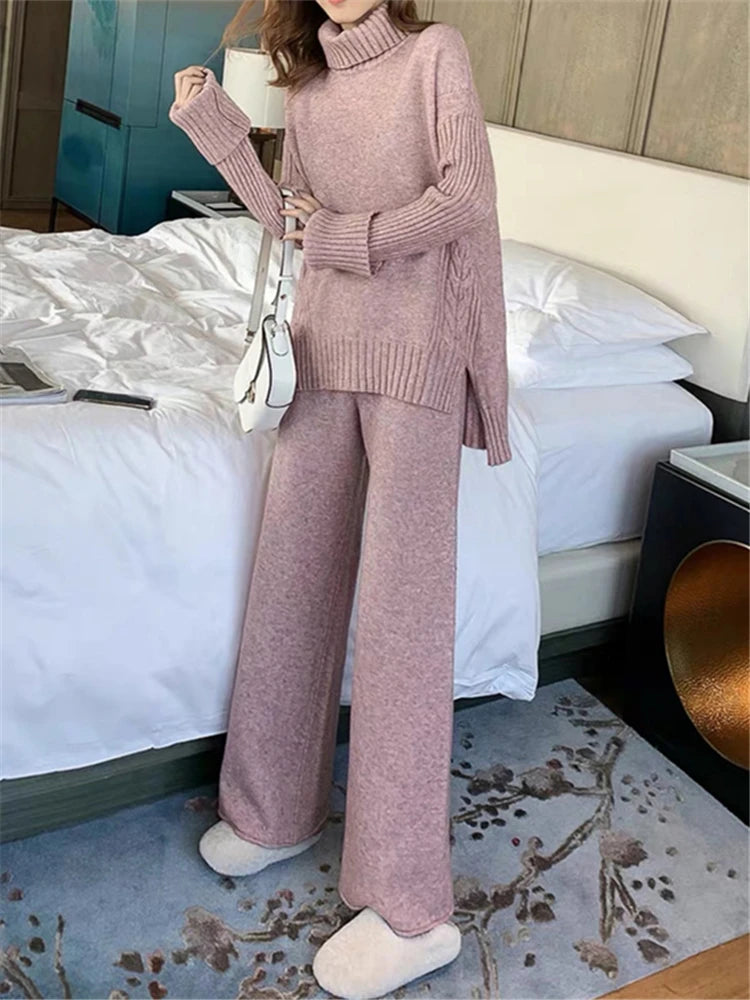 Autumn Winter 2 Pieces Women Sets Knitted Tracksuit New Turtleneck Sweater and Wide Leg Jogging Pant Pullover Suits