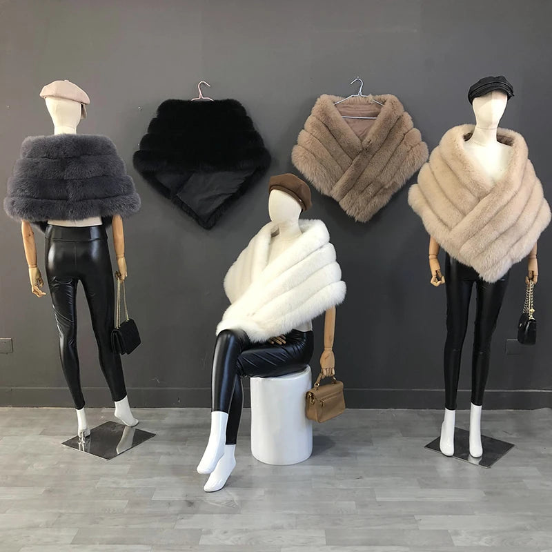 NEW Luxurious Women Ladies Real Fox Fur Shawl Vest Jacket Fluffy Fur Cape Natural Fur Poncho Fur Lady Scarf Wrap Coat Shawl Evening Wedding Party Winter Clothes Supplies Female Fashion Clothing Accessories Products