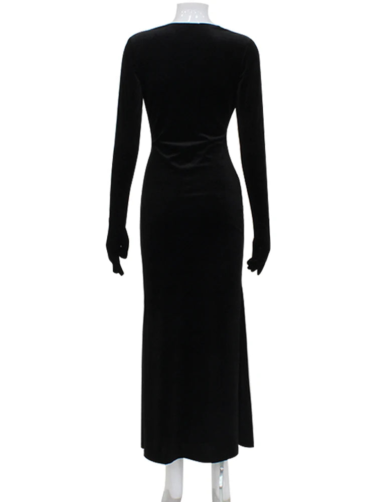 NEW Arrivals Luxury High Quality Women Black/Red Velvet Dresses Sexy Solid Full Sleeves Gloves V-Neck Hip Wrap Sheath Long Elegant Evening Wedding Party Night Club Business Dinner Outfit Girls Ladies Fashion Clothing Supplies