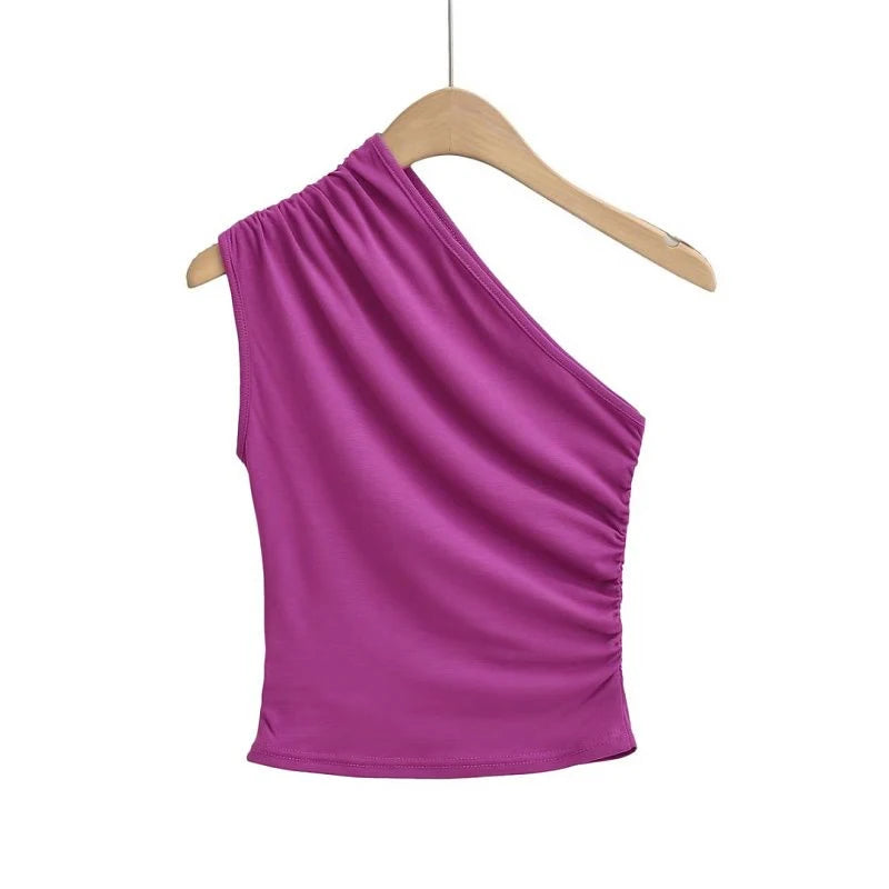 NEW Arrivals S-XL UK Size 4 Colors Women's One Shoulder Tank Top Sexy Hot Sweet Solid All-Match Summer Casual New Trend Folds Elegant Irregular Sleeveless Camisole Tops